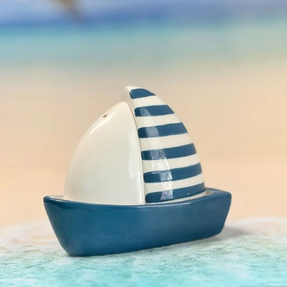 Kirkland’s Home Sailboat Salt Pepper Shaker Set Blue White Ceramic Coastal
